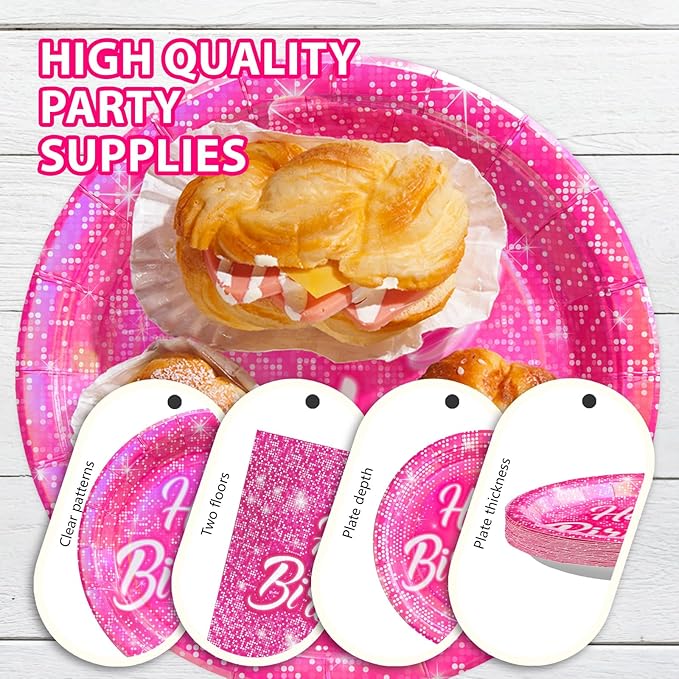 96Pcs Hot Pink Birthday Party Supplies Disco Rainbow Pastel Holographic Plates and Napkins Tableware Sets Hot Pink Iridescent Decoration Favors for Girls Princess Mermaid Disco Themed Party Serves 24