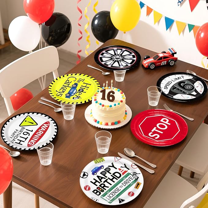 Grencian 60Pcs Drivers License 16th Birthday Paper Plates 9" Large Heavy Duty Car Themed Road Platters Colors New Driver Dessert Plates for Boys Teens 16 Years Old Birthday Cars Party Decorations