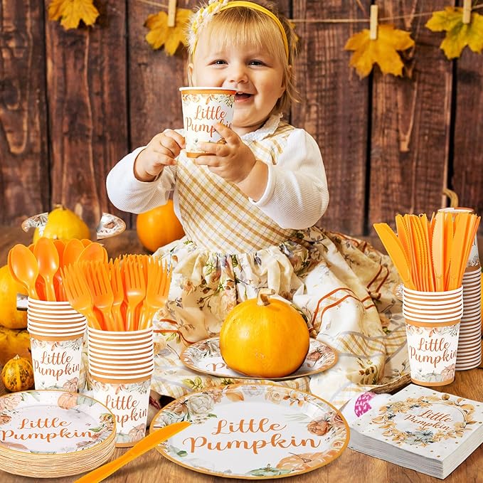 Dandat 350 Pcs Baby Shower Plates Set Baby Shower Party Supplies Serves 50 Tableware Sets Include Plates Napkin Cup Forks Knives Spoons Disposable Dinnerware(Little Pumpkin,Orange)