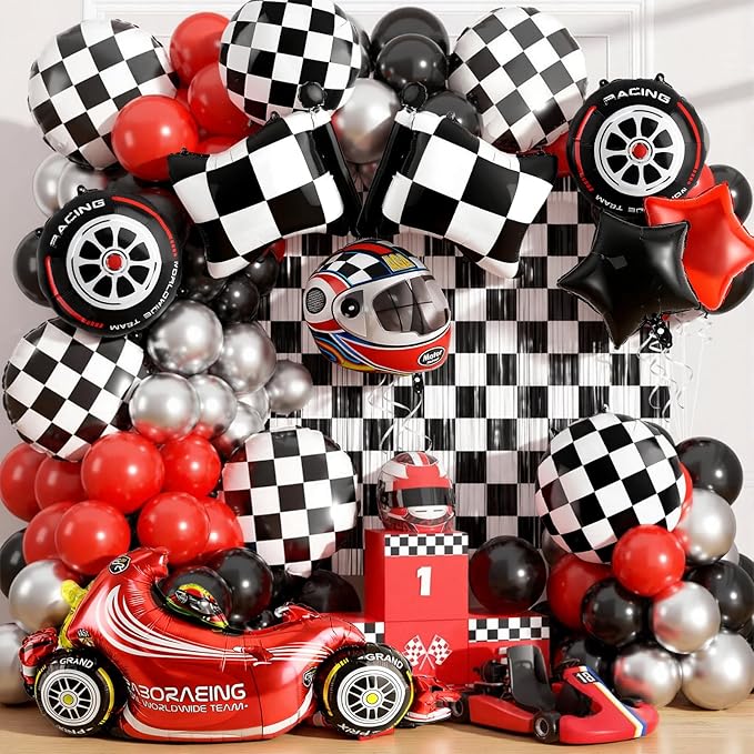 Race Car Balloons 10 pcs Tire Wheel Balloons Chequered Flag Balloons Helmet Tyre Racing Balloon Race Car Birthday Party Decorations