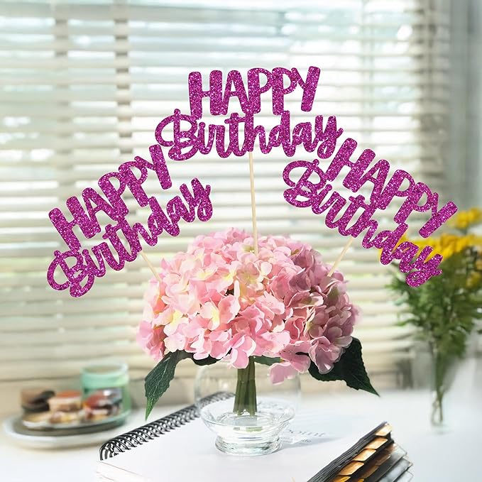 Gyufise 12Pcs Happy Birthday Centerpieces Sticks Double Sided Glitter Birthday Party Decorations Anniversary Table Flower Centerpiece for Celebrating Party Supplies Purple