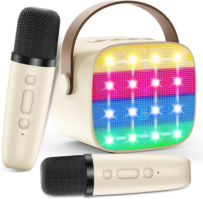 Bluetooth Karaoke Machine Toy for Kids- Mini Karaoke with 2 Wireless Microphone, Voice Changer & LED Lights, Portable Karaoke Mic for 3-8 Year Old Girls, Great for Birthday Home Party