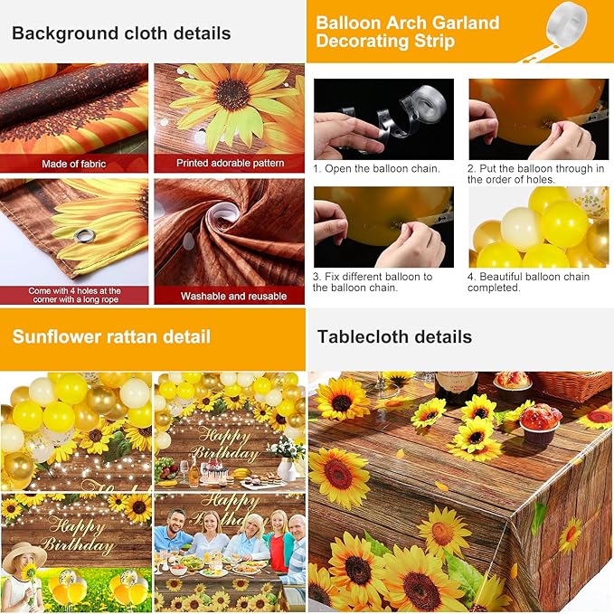 Tiamon 52 Pcs Sunflower Birthday Party Decorations - 50 Gold Yellow Balloons Arch Garlands Kit, 1 Happy Birthday Backdrop Banner, 1 Sunflower Plastic Tablecloths for Wedding Baby Shower Party Supplies
