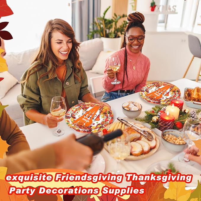 168 Pcs Thanksgiving Party Supplies Disoposable Friendsgiving Tableware Set Turkey Paper Plates and Pumpkin Leaf Cups and Napkins for Fall Thanksgiving Friendsgiving Party Decorations
