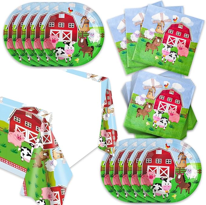 41pcs Farm Party Supplies ,include 20 Dessert Plat, 20 Napkin and 1pcs Tablecloth,Used for Farm Birthday Party Decoration