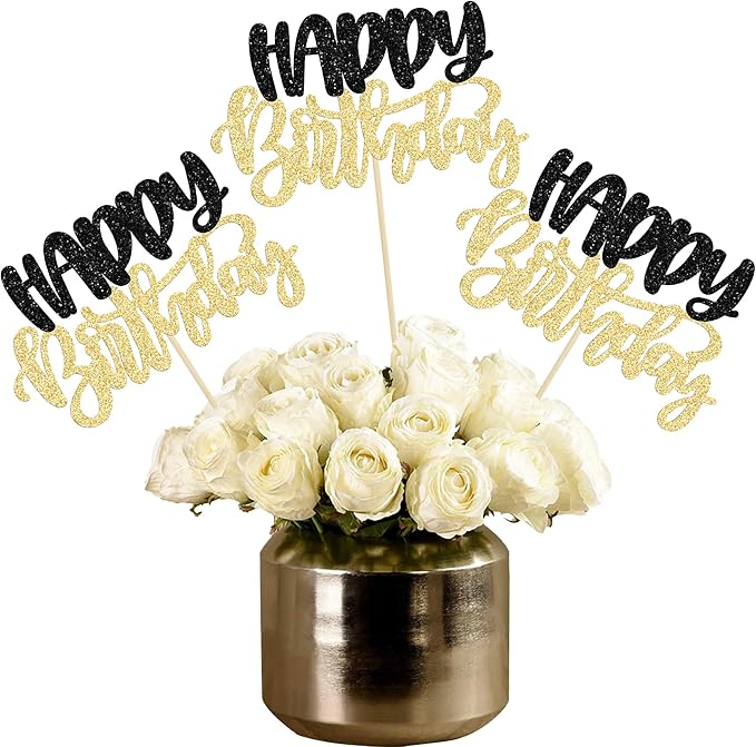 Gyufise 12Pcs Happy Birthday Centerpieces Sticks Double Sided Glitter Birthday Party Decorations Anniversary Table Flower Centerpiece for Celebrating Party Supplies Black Gold