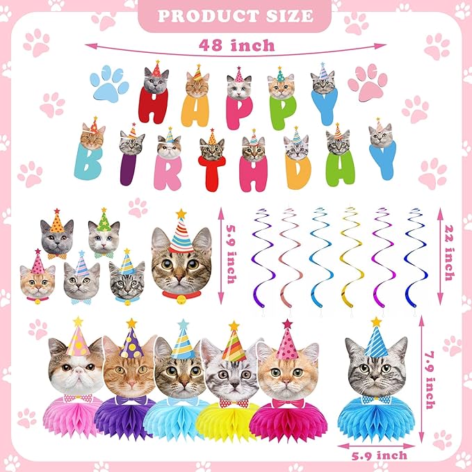 Cat Themed Birthday Decorations Cat Party Supplies, Includes 1 Birthday Banner, 6 Honeycomb Centerpieces, 6 Hanging Swirls with 6 Cutouts (Colorful Style)
