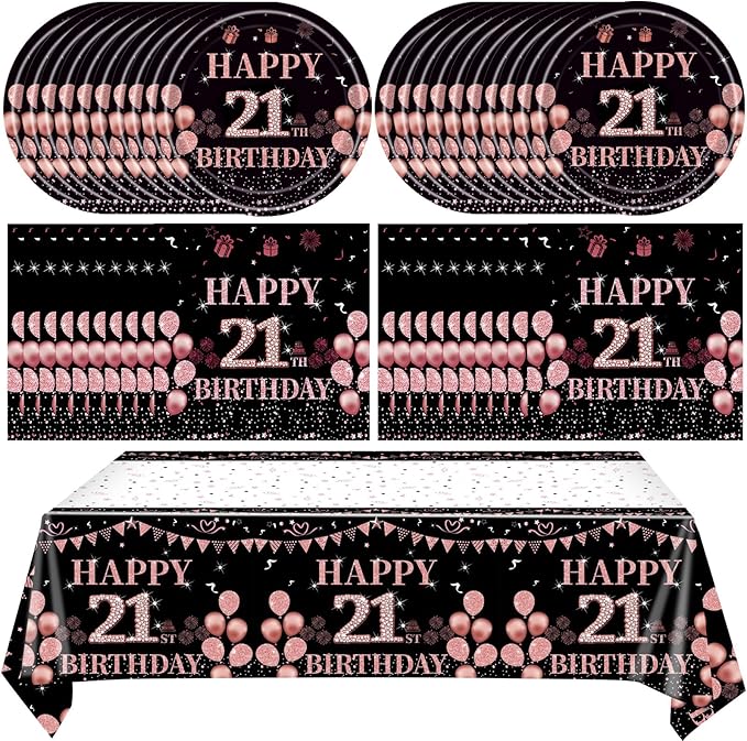 41Pcs 21st Birthday Tableware Decorations for Women Girls Rose Gold Happy 21 Birthday Party Supplies for Her Includes Tablecloth,Plates,Napkins for Sweet Girls 21st Birthday Party
