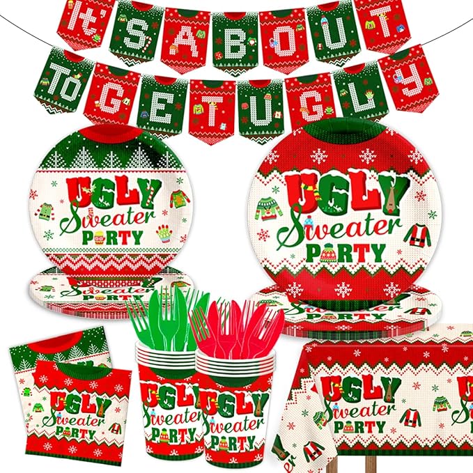 Ugly Sweater Party Decorations-142Pcs Christmas Plates Set for 20 Guests, It's About to Get Ugly Christmas Tableware Supplies