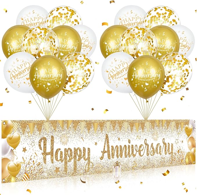 Happy Anniversary Decorations Banner with Balloons Set - Large Gold and White Backdrop Background Sign and Confetti Latex Balloons Kit for Wedding Anniversary Party Supplies, Indoor Outdoor Yard Decor