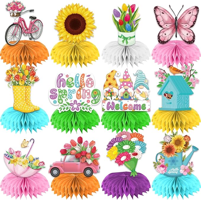 12 Pcs Spring Decorations Honeycomb Centerpieces, Spring Decorations for Office 3d Double Side Honeycomb Decorations, Spring Decorations for Classroom, Spring Centerpieces for Tables