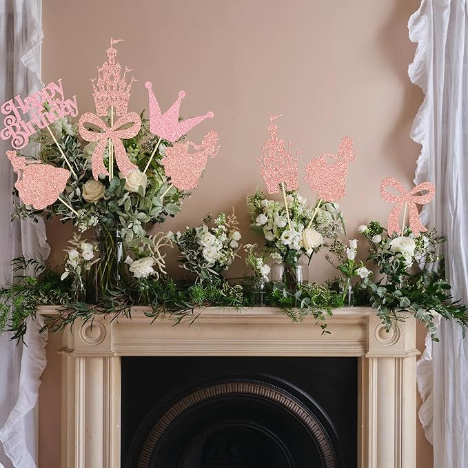 Gyufise 12Pcs Princess Centerpiece Sticks Birthday Bowknot Castle Birthday Table Flower Centerpieces Sticks Crown Bow Party Decorations for Bridal Shower Birthday Wedding Party Supplies Rose Gold