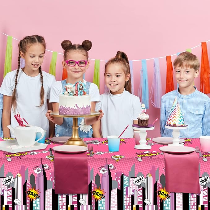 gisgfim 3 Pcs Super Girl Hero Party Tablecloth Pink Super Girl Hero Theme Party Supplies Decorations for Kids Girls Disposable Plastic Table Cover 105 x 54 inch