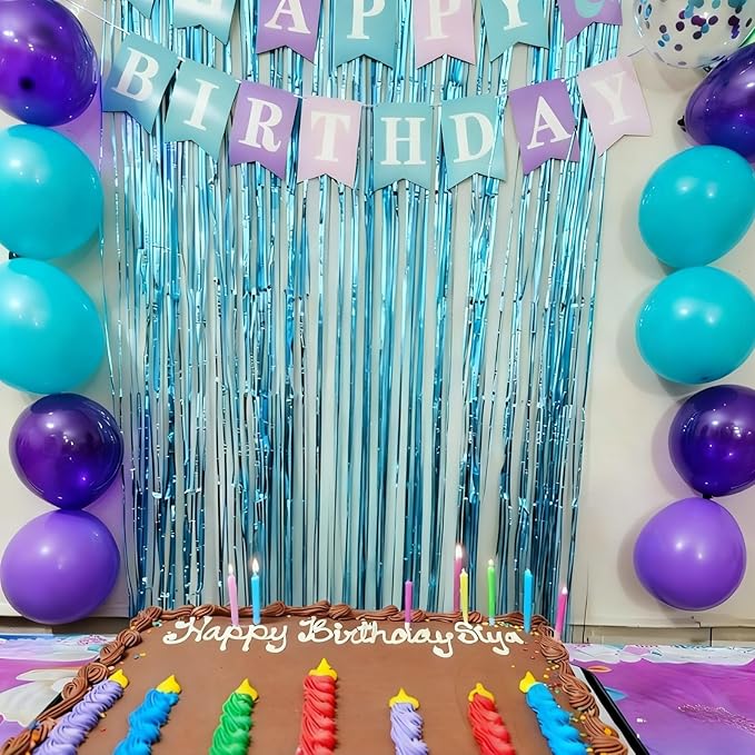 Mermaid Birthday Decorations,Purple Teal Blue Party Decorations for Women Girls with Purple Teal Blue Balloons Happy Birthday Banner Teal Fringe Curtain Tissue Paper Pompoms Star Garland