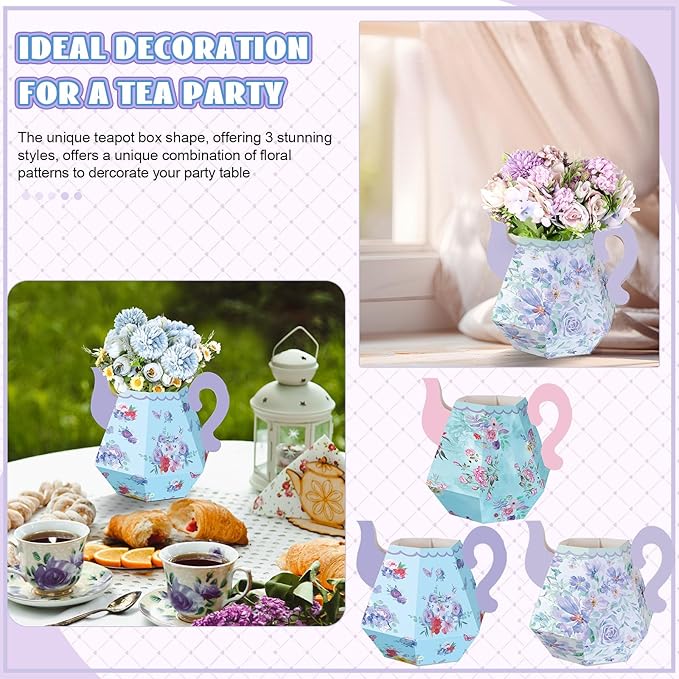 Fulmoon 6 Pcs Tea Party Decorations 6.7'' Flower Box Table Paper Teapot Princess Centerpiece Vase Table Decor Wonderland Fancy Party Decor for Floral Tea Birthday Baby Shower Wedding (Elegant)