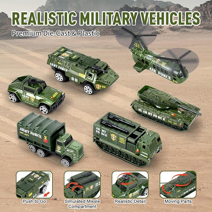 Army Tank Toys for Boys 3 4 5 6 7 8 Years Old, Military Toys Playset with 6 Mini Die-Cast Cars Helicopter & 10 Army Men Toy Soldiers, Kids Christmas Birthday Gifts Present for Boys Age 3+
