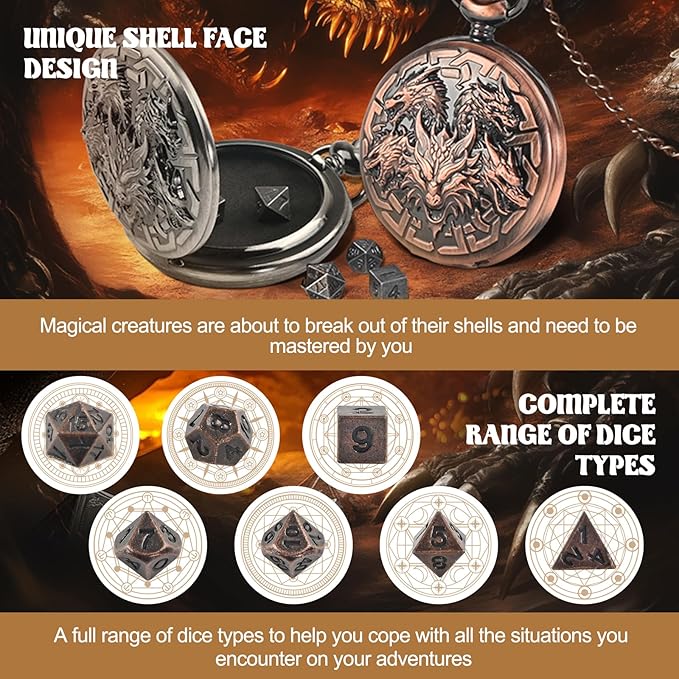 D&D Dice Set,7PCS Metal Dice for Dungeons and Dragons,Mini Dice Set with Pocket Watch Case,Role Playing Board Games Accessories (Dragon, Copper)