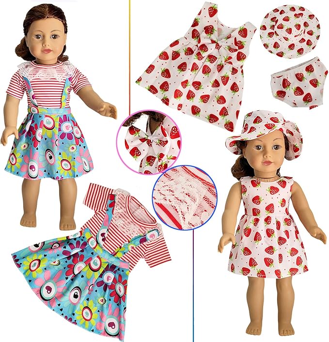 American Doll Clothes and Accessories for 18 Inch Doll, 18" Clothes Dress, Total 19 Pcs Including 8 Sets of Clothing Outfits with Shoes, Underwear, Headband, and Cap (Not Include The Doll)