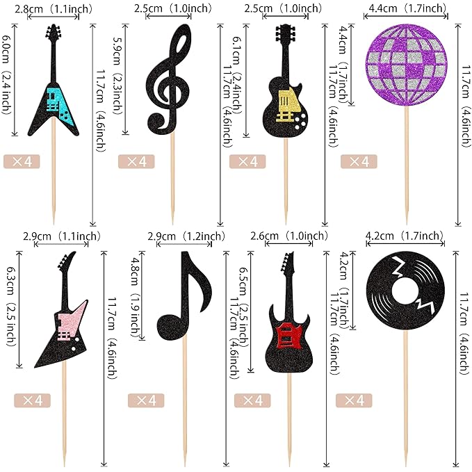 24 PCS Music Notes Cupcake Toppers Glitter Guitar Rock Cupcake Picks Disco Ball Music Cupcake Decorations for Musician Rock and Roll Theme Baby Shower Kids Birthday Party Cake Decorations Supplies