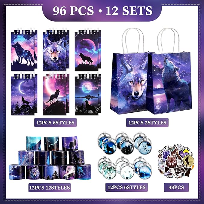 Abbylike 48 Pcs Wolf Party Favors Party Decor Birthday Supply Wolf Paper Bag Gift Mini Notebook Keychain Slap Bracelet Sticker for Baby Shower Holiday