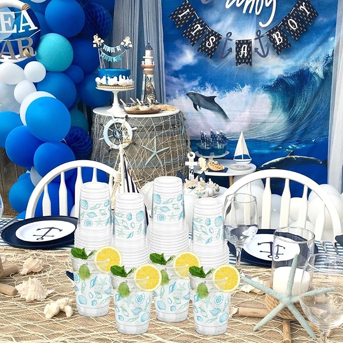 50Pcs Seashell Party Cups, 12oz Ocean Theme Plastic Cups for Wedding Decorations Ocean Under the Sea Summer Birthday Beach Party Supplies