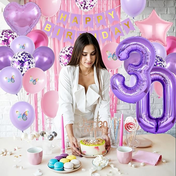 30th Birthday Decorations for Her,Pink Purple 30th Birthday Decorations Butterfly Birthday Decor Happy Birthday Banner Number 30 Balloons Cake Topper Butterfly 30th Party Decorations for Women
