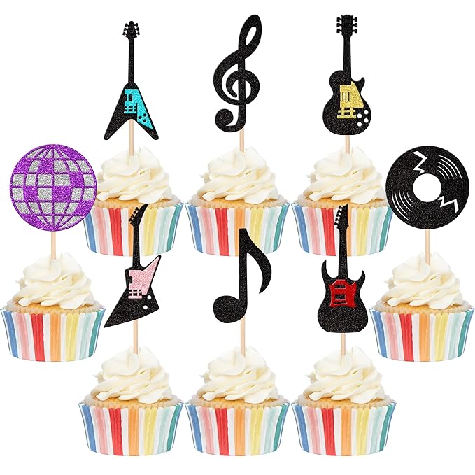 24 PCS Music Notes Cupcake Toppers Glitter Guitar Rock Cupcake Picks Disco Ball Music Cupcake Decorations for Musician Rock and Roll Theme Baby Shower Kids Birthday Party Cake Decorations Supplies