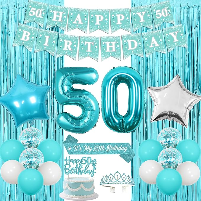 Funmemoir Teal 50th Birthday Decorations for Women - Happy 50th Birthday Banner Sash Tiara Foil Balloons Foil Fringe Backdrop and Cake Topper, Teal Blue 50 Years Old Party Supplies