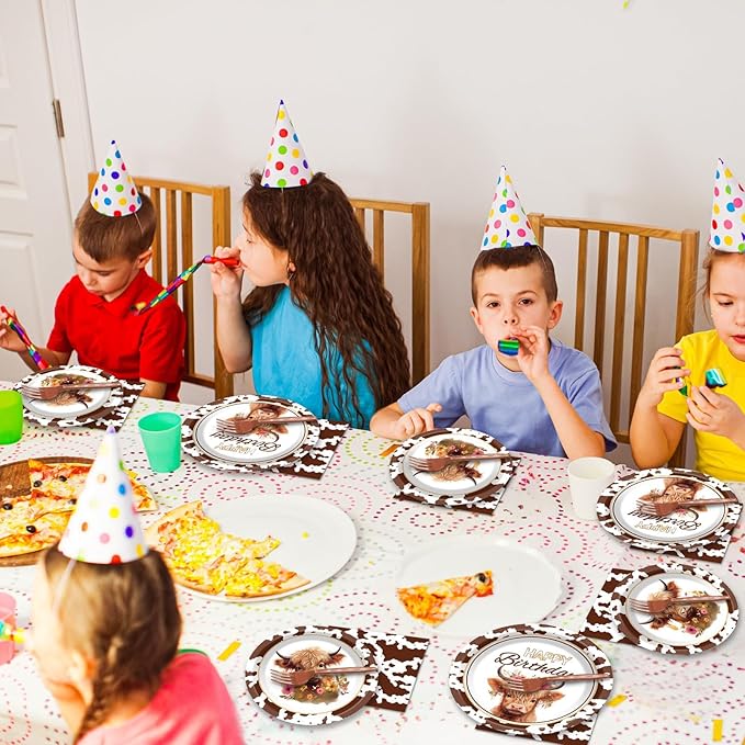 96 Pcs Highland Cow Birthday Party Decoration for 24 Guests Brown Cow Paper Plates Napkins Highland Cattle Dessert Cake Dinnerware Table Supplies for Western Farm Animals Kids Baby Shower Party Favors