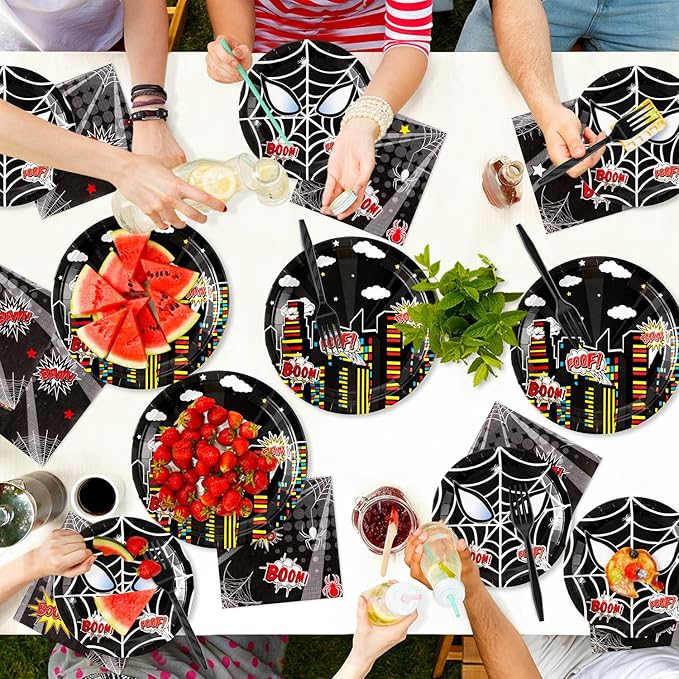 Black Spider Birthday Party Supplies - 96PCS Black Spider Birthday Party Plates and Napkins Forks Disposable Tableware Birthday Parties Table Dinnerware Baby Shower Plates Serve 24 Guests