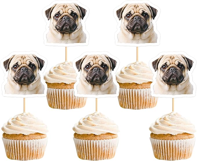 Ercadio 24 Pcs Pet Dog Puppy Cupcake Toppers Dog Themed Birthday Party Supplies Cute Pugs Puppy Birthday Party Baby Shower Party Cake Decorations