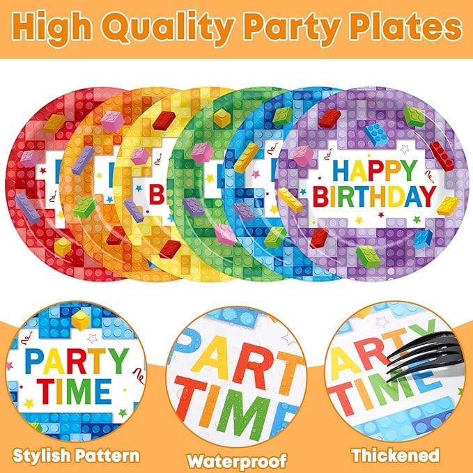 60Pcs Building Block Birthday Party Plates Building Bricks Disposable Paper Dessert Plates for Blocks Birthday Decorations Party Tableware Set for Boys Kids Baby Shower Supplies
