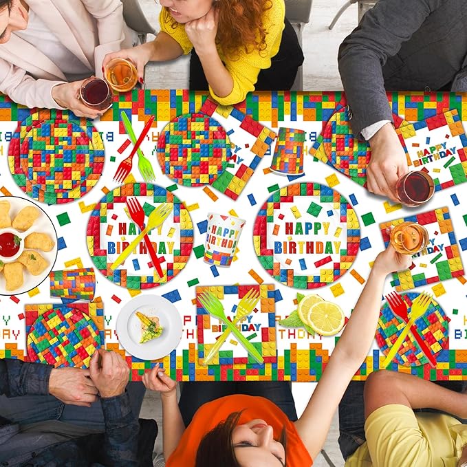 Building Block Party Plates Building Block Birthday Party Supplies Decorations Serve 25 including Disposable Paper Plates Napkins, Cups, Forks, Tablecloth, Happy Birthday Banner, and Balloons