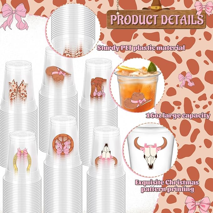 50 Pcs 12oz Western Cowgirl Party Decorations Clear Plastic Cups - Western Birthday Party Supplies for Cowgirl Theme Party