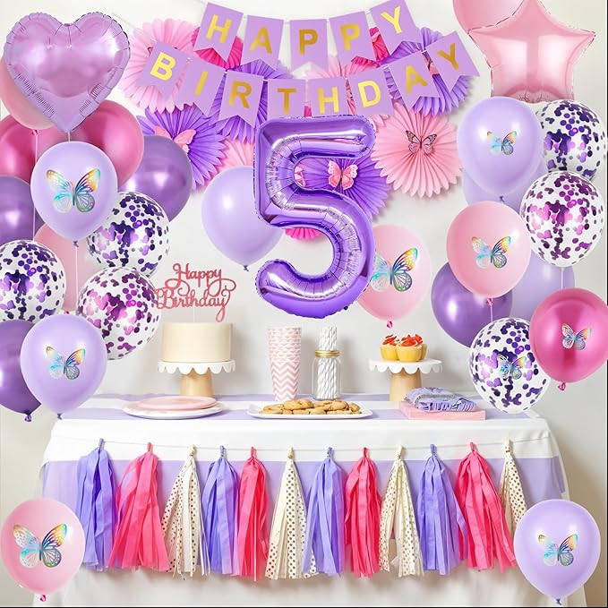 5th Pink Purple Birthday Decorations,Pink Purple 5th Birthday Balloons for Girls Lavender Party Decor Banner Number 5 Balloons Cake Topper Butterfly Party Decorations for 5 Year Old Girls