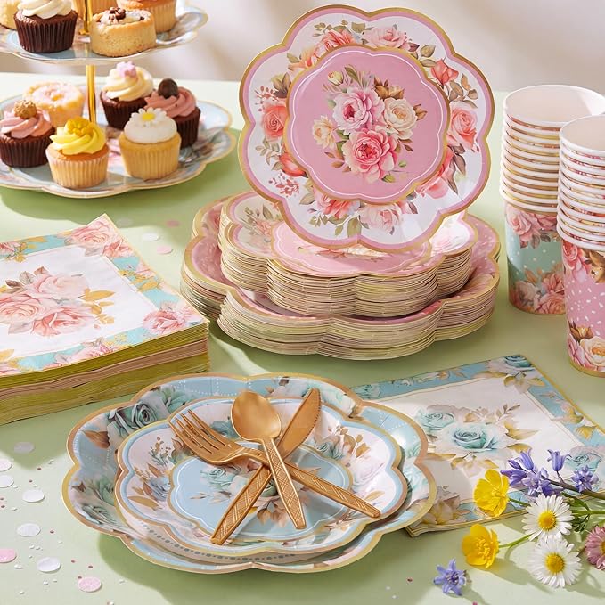 350 Pcs Tea Party Supplies Spring Summer Tableware Set Disposable Plates Napkins Paper Cups Plastic Cutlery Set For Birthday Bridal Baby Shower Serves 50 (Floral,Multicolor)