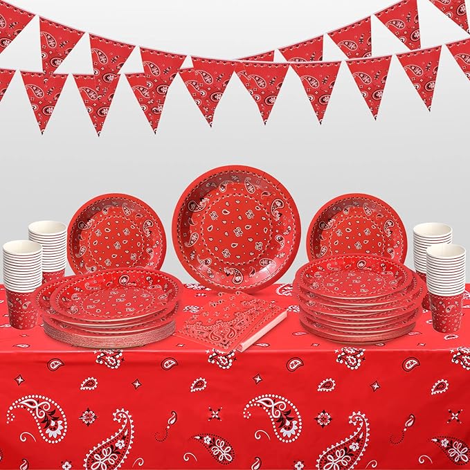 123 Pcs Western Cowboy Party Decorations, Wild West Birthday Decorations Tableware Set, Cups, Plates, Napkins, Banner & Tablecloth for Cowboy Themed Party Ideal for Bbqs, Baby Showers(Red)