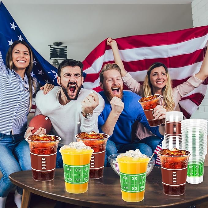 50 PCS Football Cups, 16 OZ Football Party Cups, Thickened Football Plastic Cups, Disposable Clear Drinking Cups in 2 Designs for Football Party Supplies Football Party Decorations Touchdown Favors