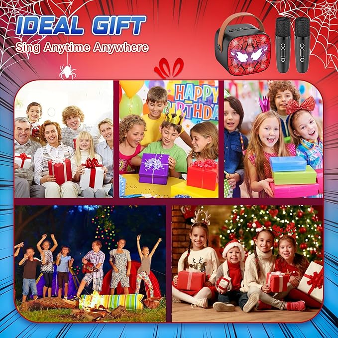 Spider Mini Karaoke Machine for Kids - TOP Karaoke Toys for 3 4 5 6 7 8 9 10 11 12+ Year Old Boys Girls, Portable Bluetooth Speaker with 2 Wireless Microphones, Kids Christmas Birthday Party Gifts(BK)