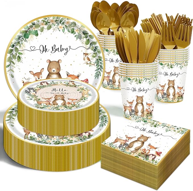 Woodland Baby Shower Party Supplies - 350 Pcs Safari Jungle Animal Wild Animal Party Decorations Nature Sage Plates Napkin Cups Spoons Forks Knives Tableware Set, Serves 50 Guests