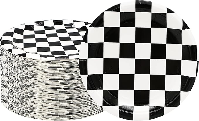 40 Pcs Race Car Birthday Party Supplies Black and White Checkered Party Supplies 7"Checkered Paper Plate,Black White Plate for Kids Car Sports Themed Racing Birthday Party Decorations (Black White)