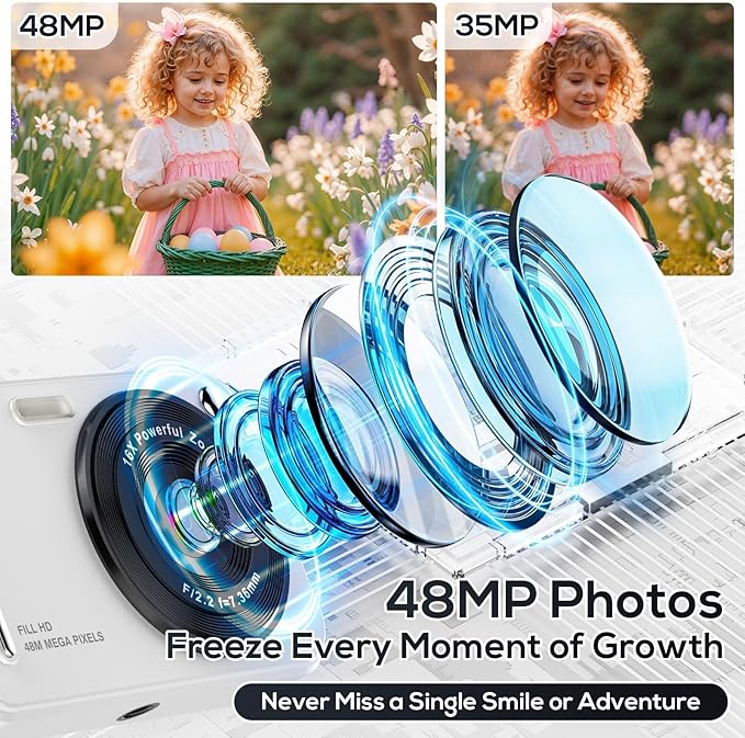 Digital Camera for Kids, 48MP FHD 1080P Point and Shoot Digital Cameras with 16X Zoom Anti-Shake, Compact Portable Cameras for Photography, for Boys Girls Teens Beginners