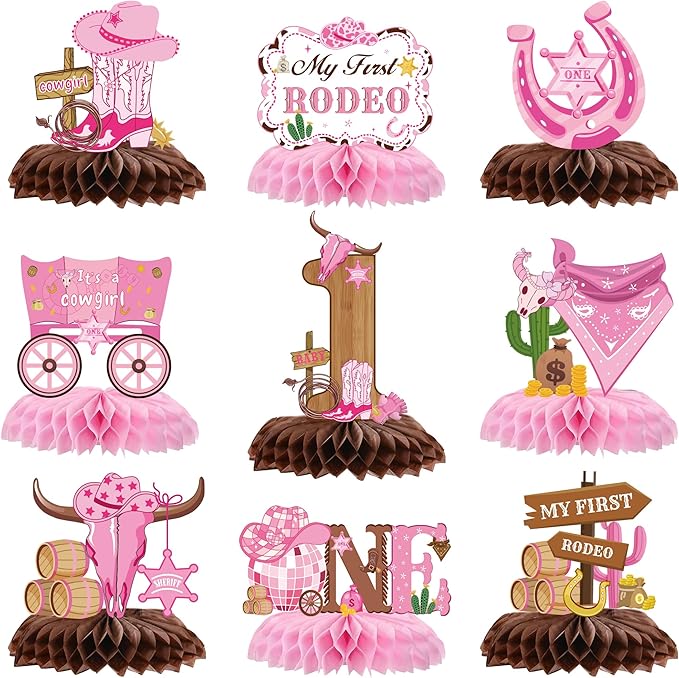 My First Rodeo Decorations Girl - 9 Pcs Pink Cowgirl Honeycomb Centerpieces Table Decor for Western Cowgirl 1st Birthday Party Supplies