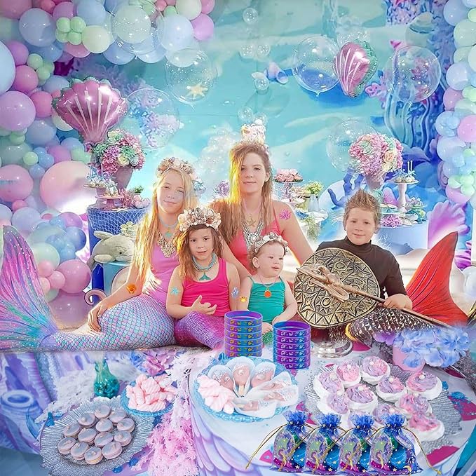 134Pcs Mermaid Party Favors Birthday Decorations for Girls, Party Supplies Include 12 Bracelet, 12 Necklace, 12 Hairpin, 12 Ring, 12 Stampers, 12 Button Pins, 12 Gift Bag, 50 Stickers