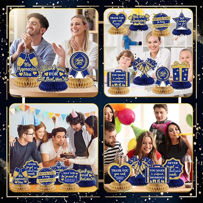12 Pcs Thank You Decorations Honeycomb Centerpiece Employee Appreciation Decor We Appreciate You Table Decorations Thank Table Topper for Doctor Employee Party Supplies(Gold and Blue)
