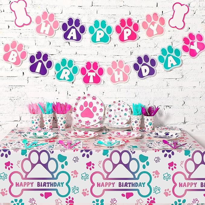 Gejoy 96pcs Dog Birthday Party Decorations Set Include Dog Print Plates Knives Forks Spoons Napkins Puppy Paw Tableware for Puppy Theme Party Supplies Kit(Sweet Color)