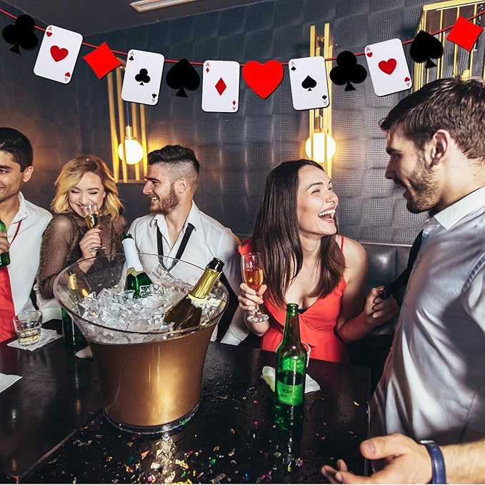 Sherr 2 Pcs Poker Theme Party Decorations 10 ft Pre-Strung Poker Birthday Banner Hanging Dice Garland for Game Night Bachelorette Theme Party Favors Graduation Supplies (Classic Style)