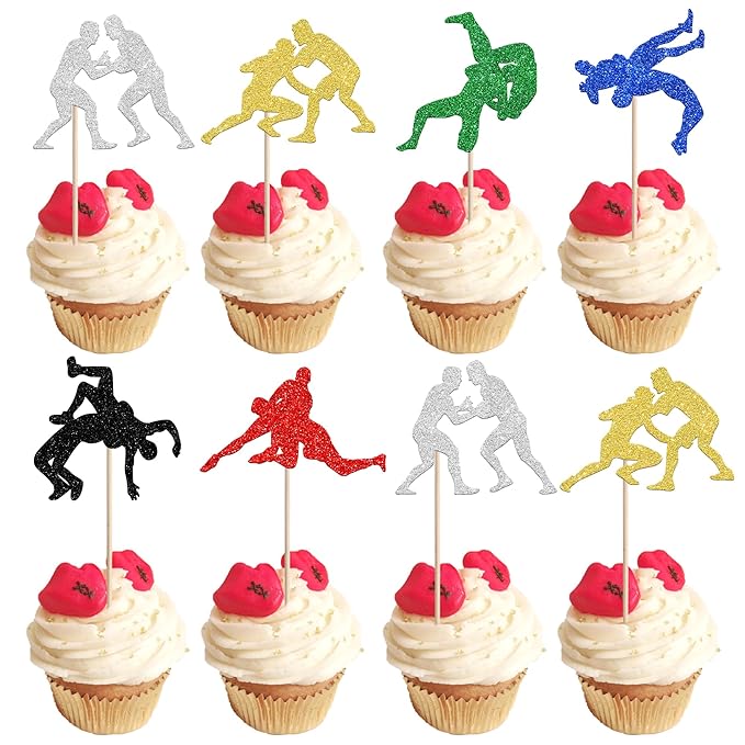 24 PCS Wrestling Cupcake Toppers Glitter Wrestler Birthday Cupcake Picks Wrestling Party Cupcake Decorations for Sport Theme Boys Men Birthday Party Cake Decorations Supplies Colorful