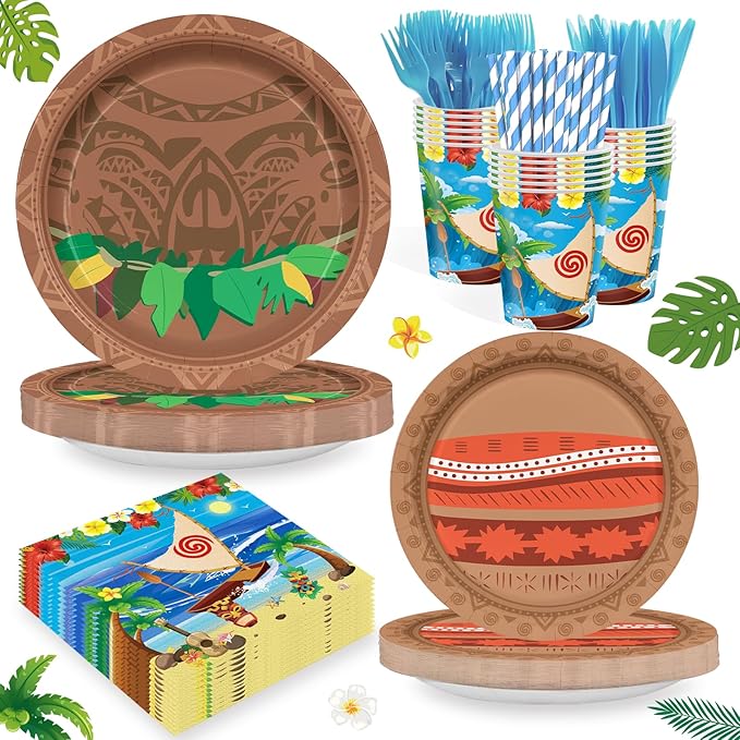 168PCS Ocean Party Supplies for Boys Girls Cartoon Beach Themed Party Decorations Hawaii Tableware with Paper Plates Cups Forks Knives and Straws for 24 Guests