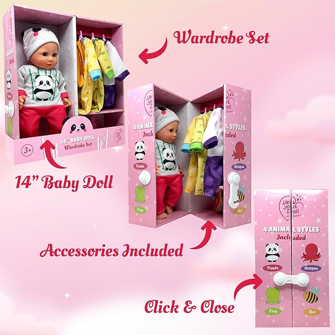 Soft Body Baby Doll with Accessories & 4 Sets of Animal Outfits, Realistic Baby Doll with Clothes & Toys, 14 Inch Doll Play Set Wardrobe Closet, Baby Dolls for Girls, Kids Gift for 3 4 5 Year Old